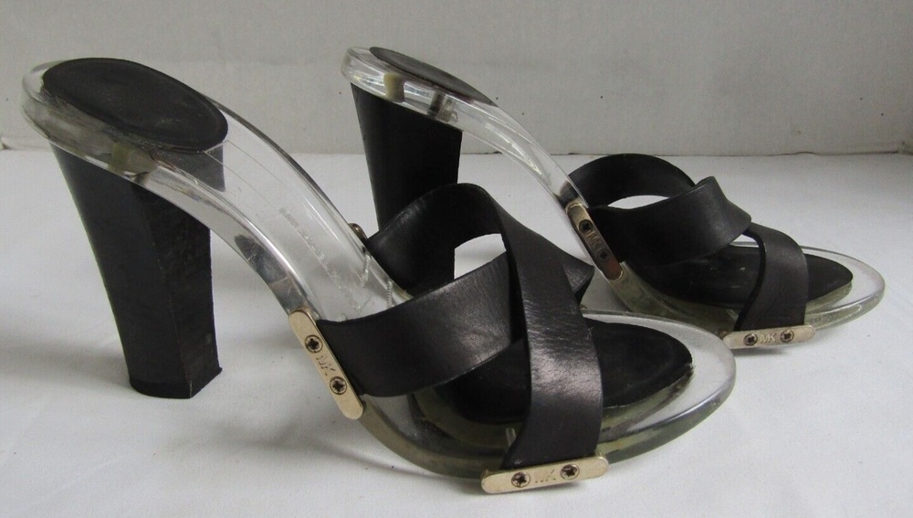 Michael Kors Black Leather Lucite Heels Chic Y2K Slide Sandals 6.5 - Picture 3 of 13